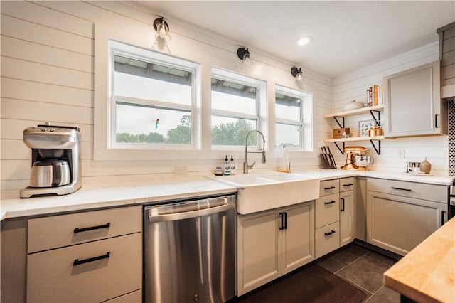 20608 Keck Rd, Siloam Springs, AR 72761 - kitchen with dishwasher, a sink, open shelves, light stone counters, and wooden walls
