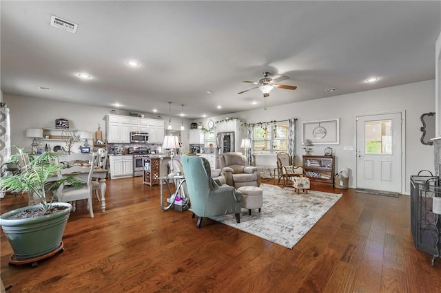 757 Harper Dr, Pea Ridge, AR 72751 - living room featuring recessed lighting, ceiling fan, and dark wood-type flooring