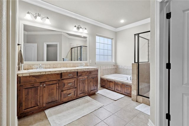 6401 S 42nd St, Rogers, AR 72758 - full bathroom featuring a stall shower, a bath, crown molding, double vanity, and tile patterned floors