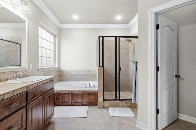 6401 S 42nd St, Rogers, AR 72758 - full bath with a stall shower, a garden tub, vanity, crown molding, and tile patterned floors