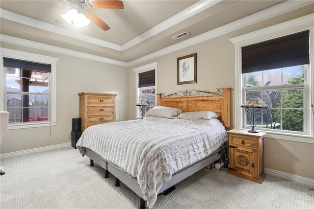 6401 S 42nd St, Rogers, AR 72758 - bedroom with light colored carpet, baseboards, a raised ceiling, crown molding, and ceiling fan