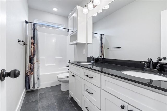 1265 Cassia, Tontitown, AR 72762 - full bath with double vanity, baseboards, shower / bathtub combination with curtain, toilet, and tile patterned flooring