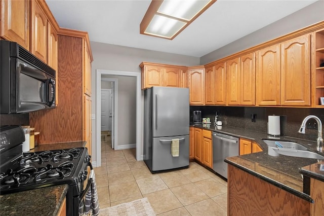 8200 Titleist Cir, Rogers, AR 72756 - kitchen with black appliances, a sink, open shelves, light tile patterned flooring, and dark stone countertops
