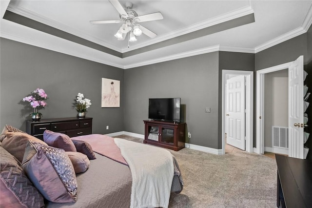 8200 Titleist Cir, Rogers, AR 72756 - bedroom with a raised ceiling, carpet, ornamental molding, baseboards, and a ceiling fan