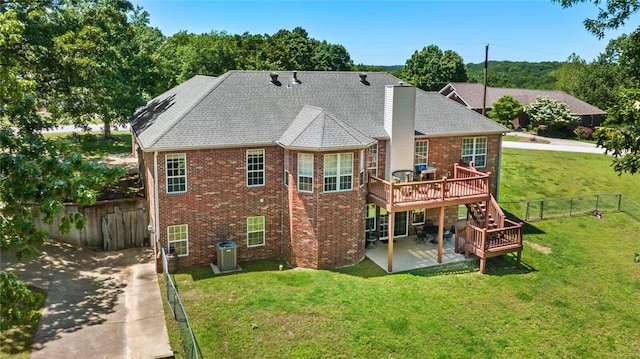 8200 Titleist Cir, Rogers, AR 72756 - rear view of property featuring brick siding, a patio area, a wooden deck, a chimney, and a shingled roof