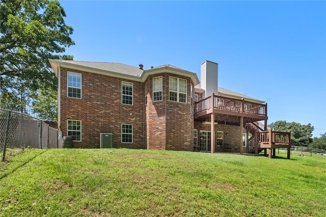 8200 Titleist Cir, Rogers, AR 72756 - rear view of property featuring a deck, stairs, brick siding, a chimney, and central air condition unit