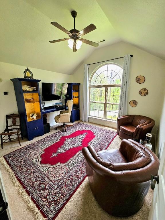3 Rhonda Ln, Bella Vista, AR 72715 - living area with a ceiling fan, vaulted ceiling, and carpet floors