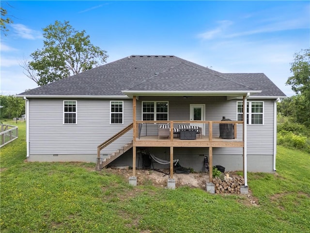 12 Lockhart Dr, Bella Vista, AR 72715 - rear view of house with a yard, a deck, roof with shingles, and stairs