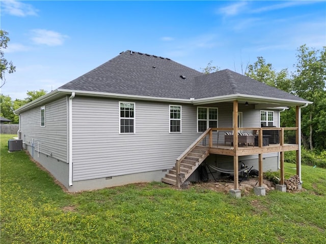 12 Lockhart Dr, Bella Vista, AR 72715 - back of property with crawl space, cooling unit, a yard, roof with shingles, and stairway