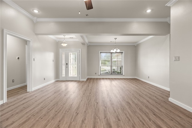8001 Mars Hill Rd, Ar, AR 72011 - unfurnished living room featuring light wood-type flooring, baseboards, recessed lighting, a ceiling fan, and ornamental molding