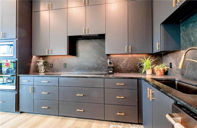 675 N Cliffside Dr, Fayetteville, AR 72701 - kitchen with stainless steel appliances, gray cabinetry, and tasteful backsplash