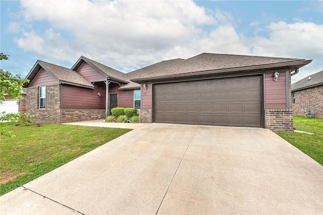 811 SW Pure Globe St, Bentonville, AR 72712 - ranch-style home with brick siding, a front yard, concrete driveway, a garage, and a shingled roof