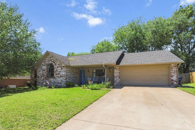 1110 Meadowlark Ln, Siloam Springs, AR 72761 - ranch-style home with an attached garage, concrete driveway, covered porch, brick siding, and roof with shingles
