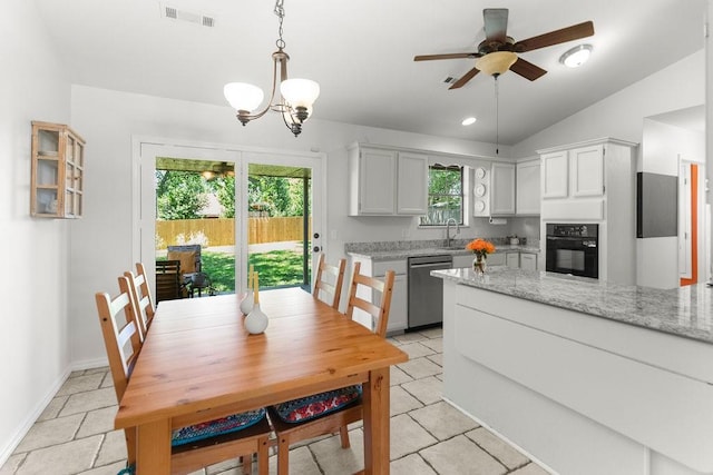 1110 Meadowlark Ln, Siloam Springs, AR 72761 - kitchen with stainless steel dishwasher, black oven, ceiling fan, a sink, and healthy amount of natural light