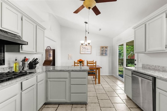 1110 Meadowlark Ln, Siloam Springs, AR 72761 - kitchen with dishwasher, lofted ceiling, a peninsula, ceiling fan, and under cabinet range hood