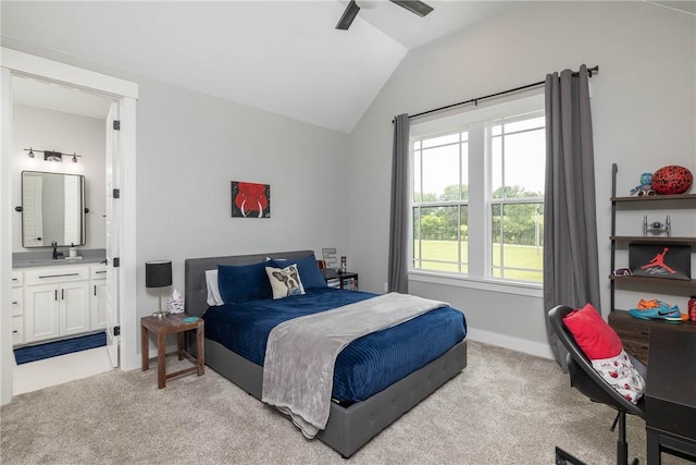 2762 Wilson Ln, Fayetteville, AR 72703 - bedroom with lofted ceiling, light carpet, a sink, ensuite bath, and a ceiling fan