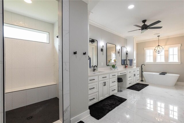 2762 Wilson Ln, Fayetteville, AR 72703 - bathroom featuring double vanity, a soaking tub, ceiling fan, a walk in shower, and marble tiled flooring