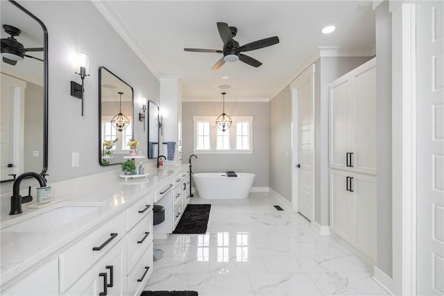 2762 Wilson Ln, Fayetteville, AR 72703 - bathroom featuring ceiling fan, double vanity, ornamental molding, a freestanding bath, and marble finish floors