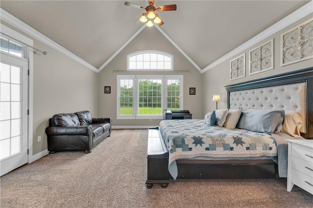 12292 Butler Rd, Prairie Grove, AR 72753 - carpeted bedroom with multiple windows, crown molding, baseboards, a ceiling fan, and high vaulted ceiling