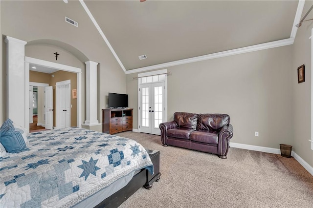 12292 Butler Rd, Prairie Grove, AR 72753 - bedroom featuring decorative columns, french doors, crown molding, carpet flooring, and baseboards