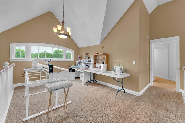 12292 Butler Rd, Prairie Grove, AR 72753 - carpeted office space featuring a chandelier, baseboards, and high vaulted ceiling
