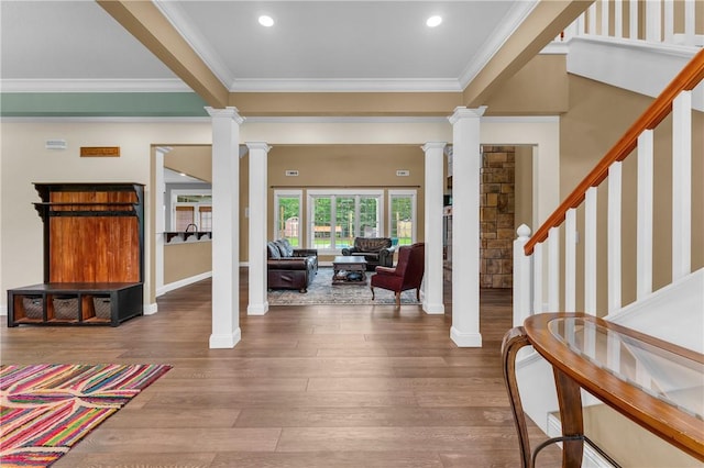 12292 Butler Rd, Prairie Grove, AR 72753 - foyer featuring ornate columns, ornamental molding, wood finished floors, baseboards, and stairs