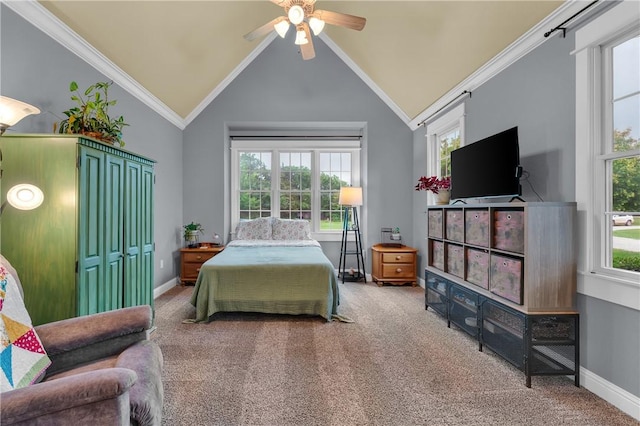 12292 Butler Rd, Prairie Grove, AR 72753 - bedroom featuring carpet floors, baseboards, lofted ceiling, crown molding, and ceiling fan
