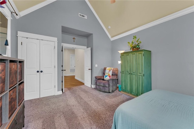 12292 Butler Rd, Prairie Grove, AR 72753 - bedroom with carpet flooring, crown molding, high vaulted ceiling, and baseboards