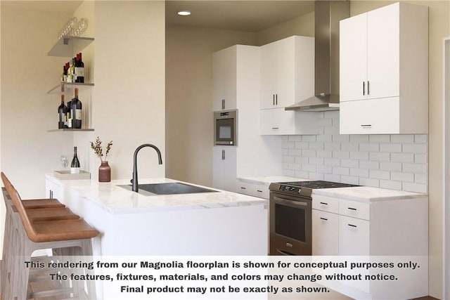 3329 Mp Pkwy Unit 308, Bentonville, AR 72712 - kitchen with wall chimney exhaust hood, stainless steel gas stove, open shelves, a sink, and backsplash