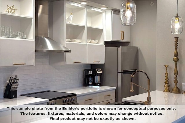 3329 Mp Pkwy Unit 308, Bentonville, AR 72712 - kitchen featuring wall chimney range hood, open shelves, backsplash, stainless steel appliances, and light countertops