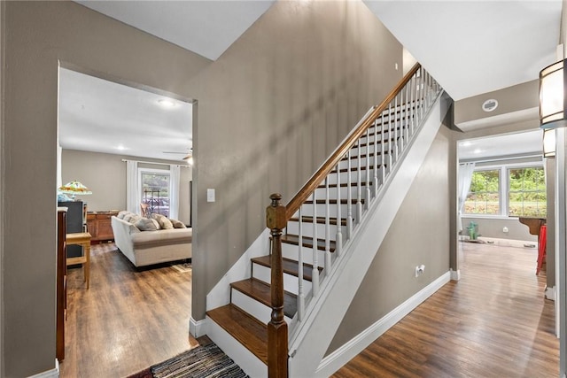 14090 Canal St, Rogers, AR 72758 - stairway with wood finished floors, plenty of natural light, baseboards, and recessed lighting