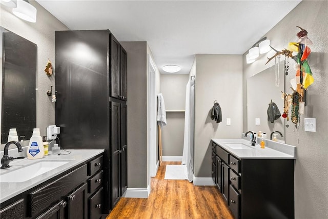 14090 Canal St, Rogers, AR 72758 - bathroom featuring wood finished floors, two vanities, and baseboards