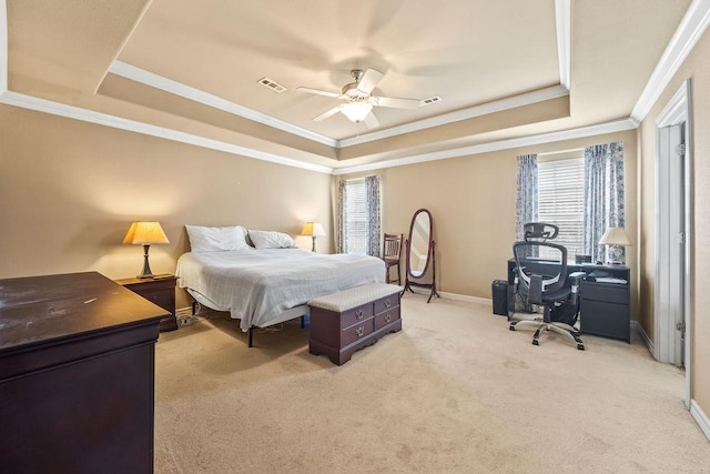 809 Irelan, Lowell, AR 72745 - bedroom featuring a tray ceiling, ornamental molding, light colored carpet, baseboards, and a ceiling fan