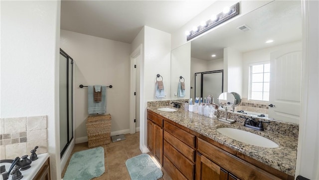 1011 Harvest St, Centerton, AR 72719 - bathroom featuring a stall shower, a bath, double vanity, and tile patterned flooring