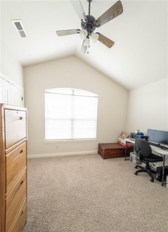 1011 Harvest St, Centerton, AR 72719 - carpeted home office with lofted ceiling and a ceiling fan