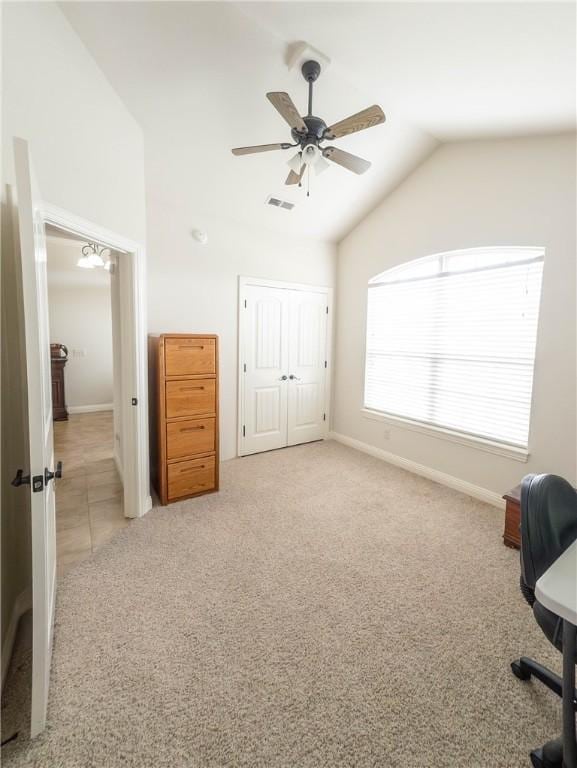 1011 Harvest St, Centerton, AR 72719 - unfurnished bedroom featuring vaulted ceiling, light colored carpet, a ceiling fan, and a closet