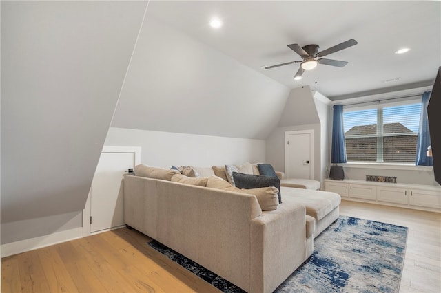 1408 SW Breeze Ct, Bentonville, AR 72713 - living room with ceiling fan, light wood finished floors, vaulted ceiling, and recessed lighting