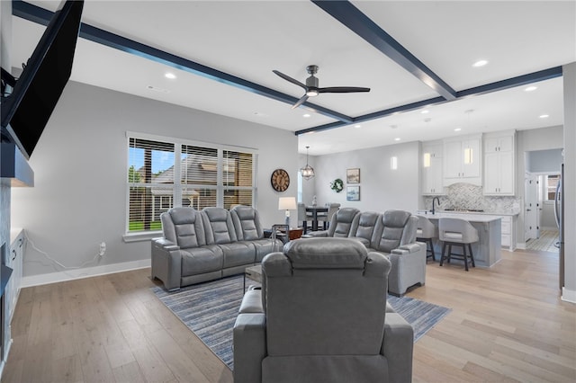 1408 SW Breeze Ct, Bentonville, AR 72713 - living room with ceiling fan, light wood-style flooring, beam ceiling, recessed lighting, and baseboards
