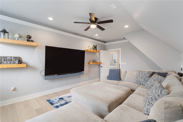 1408 SW Breeze Ct, Bentonville, AR 72713 - living room featuring a ceiling fan, wood finished floors, baseboards, recessed lighting, and crown molding