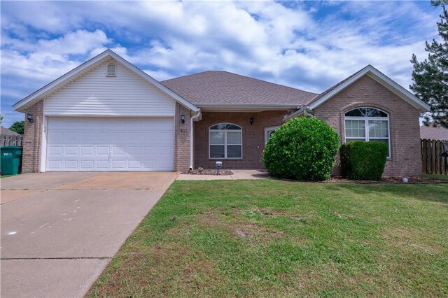 411 Kate Dr, Centerton, AR 72719 - ranch-style house with brick siding, concrete driveway, an attached garage, and a front lawn