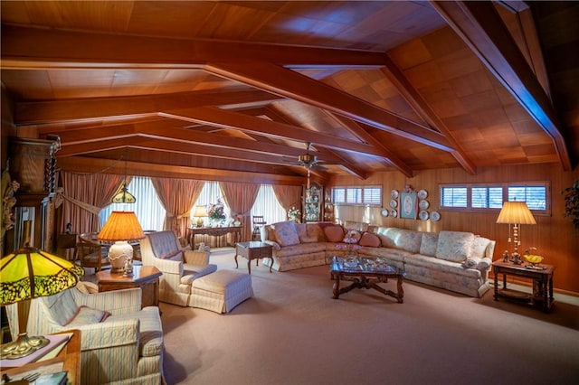 1617 Ranch Dr, Springdale, AR 72762 - carpeted living area with wood walls, ceiling fan, and wooden ceiling