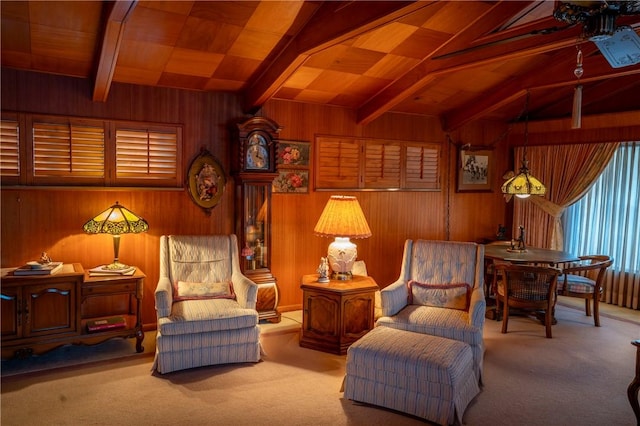 1617 Ranch Dr, Springdale, AR 72762 - living area featuring carpet floors, wood walls, and wooden ceiling