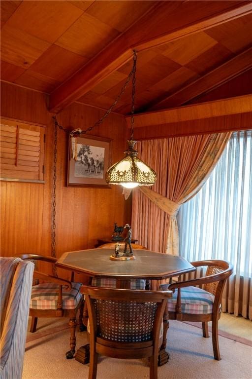1617 Ranch Dr, Springdale, AR 72762 - dining room featuring wooden ceiling, wooden walls, and light carpet