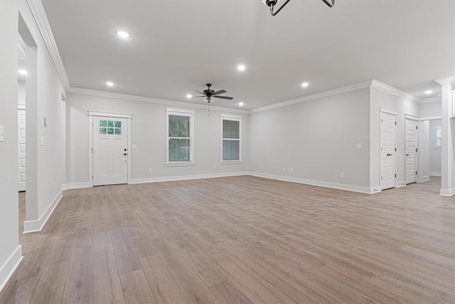 7 Mcginnis Ln, Bella Vista, AR 72715 - unfurnished living room featuring ornamental molding, ceiling fan, light wood-style floors, baseboards, and recessed lighting