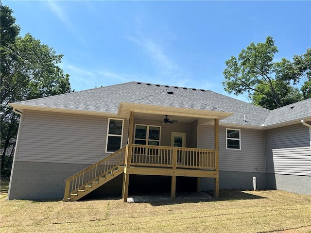 7 Mcginnis Ln, Bella Vista, AR 72715 - rear view of property featuring a ceiling fan, a shingled roof, stairs, and a wooden deck