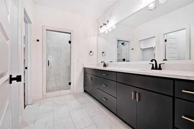 1 Consett Ln, Bella Vista, AR 72714 - bathroom with marble finish flooring, a marble finish shower, double vanity, and a walk in closet