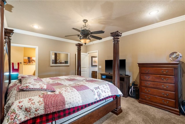 14453 Merritt Dr, Pea Ridge, AR 72751 - bedroom featuring light carpet, crown molding, a ceiling fan, and recessed lighting