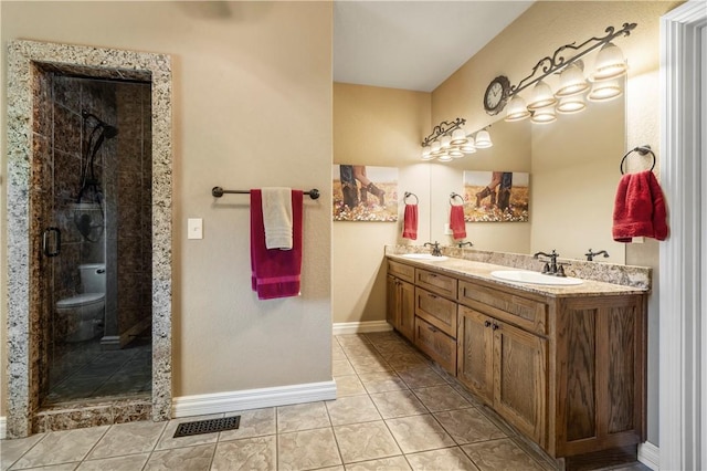 14453 Merritt Dr, Pea Ridge, AR 72751 - bathroom with double vanity, baseboards, a stall shower, and tile patterned flooring