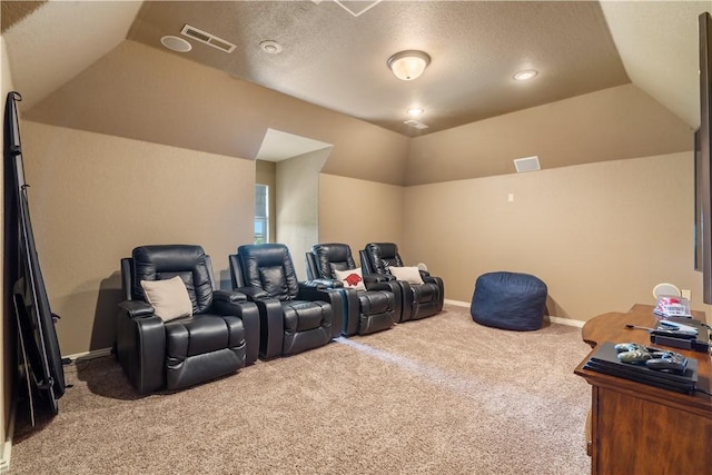 14453 Merritt Dr, Pea Ridge, AR 72751 - home theater featuring carpet flooring, lofted ceiling, baseboards, and a textured ceiling
