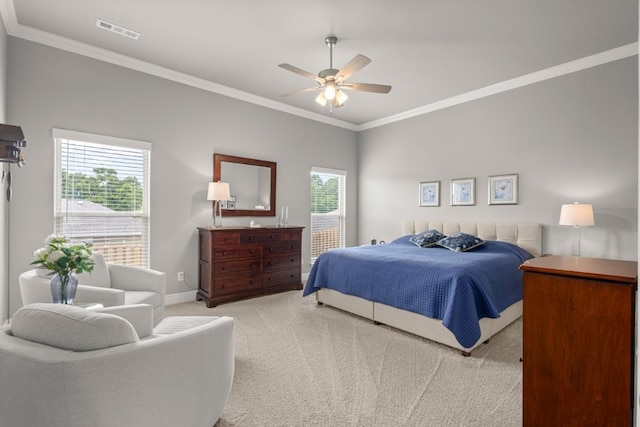 1431 Ari Ave, Centerton, AR 72719 - bedroom with carpet floors, ornamental molding, multiple windows, a ceiling fan, and baseboards